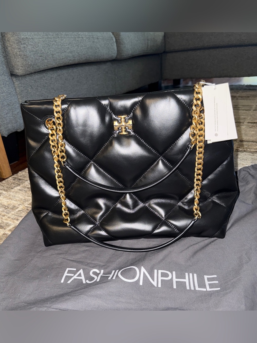 Tory Burch Black Quilted Leather Kira Tote with Gold Chain Straps